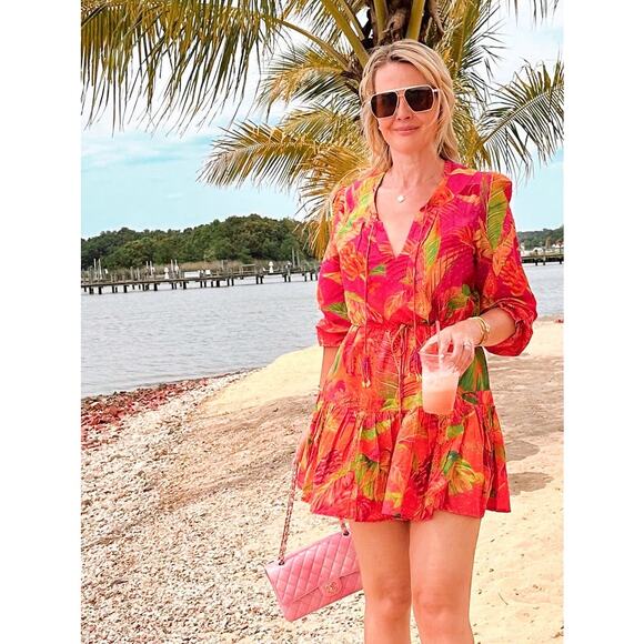 FARM RIO Pink Orange Floral Cotton A-Line Tie Waist Ombre Forest Mini Dress S - Picture 1 of 16